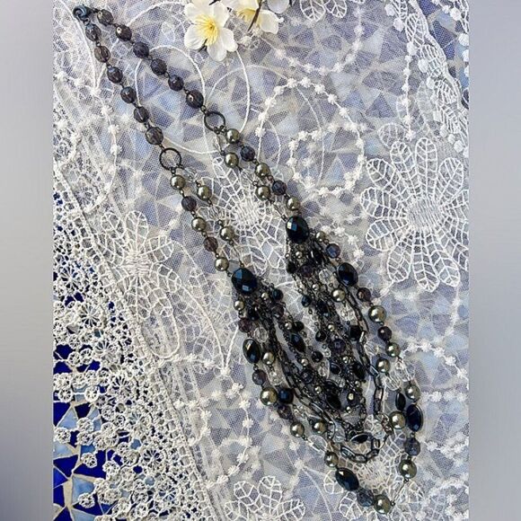 Multi-Layered Black Gunmetal & Silver Multi-strand Beaded Waterfall Necklace - Picture 3 of 12